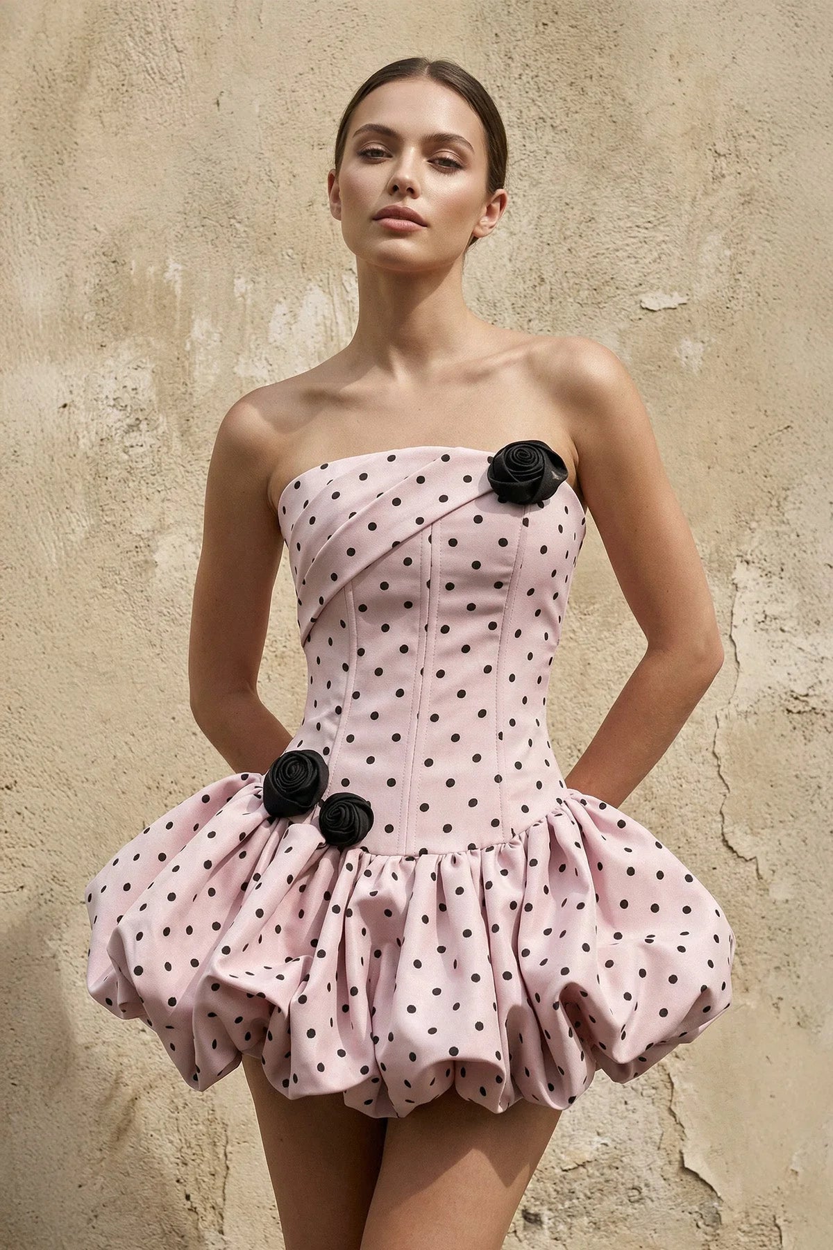 Pink polka dot strapless corset mini homecoming dress with lace-up back.