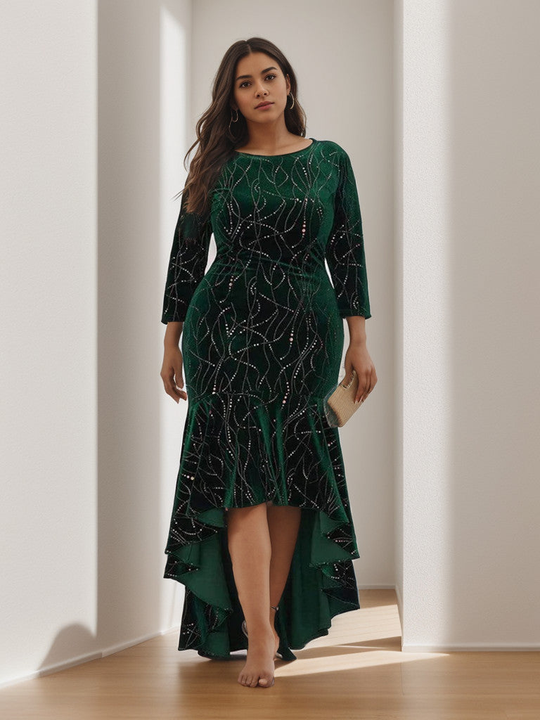 Plus size model wearing a dark green velvet bodycon high-low formal dress.