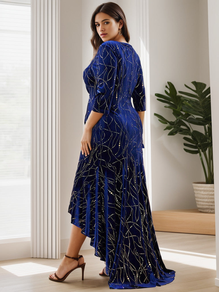 Back view of a plus size model in a royal blue velvet bodycon high-low dress.