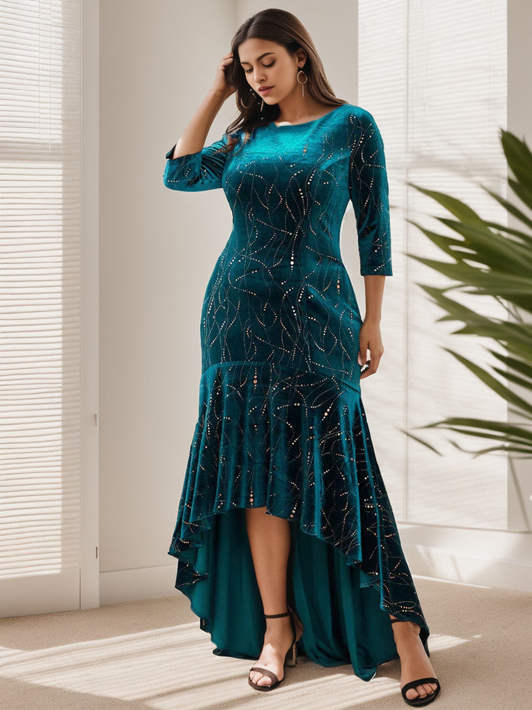 Plus size model wearing a teal velvet bodycon high-low formal dress.