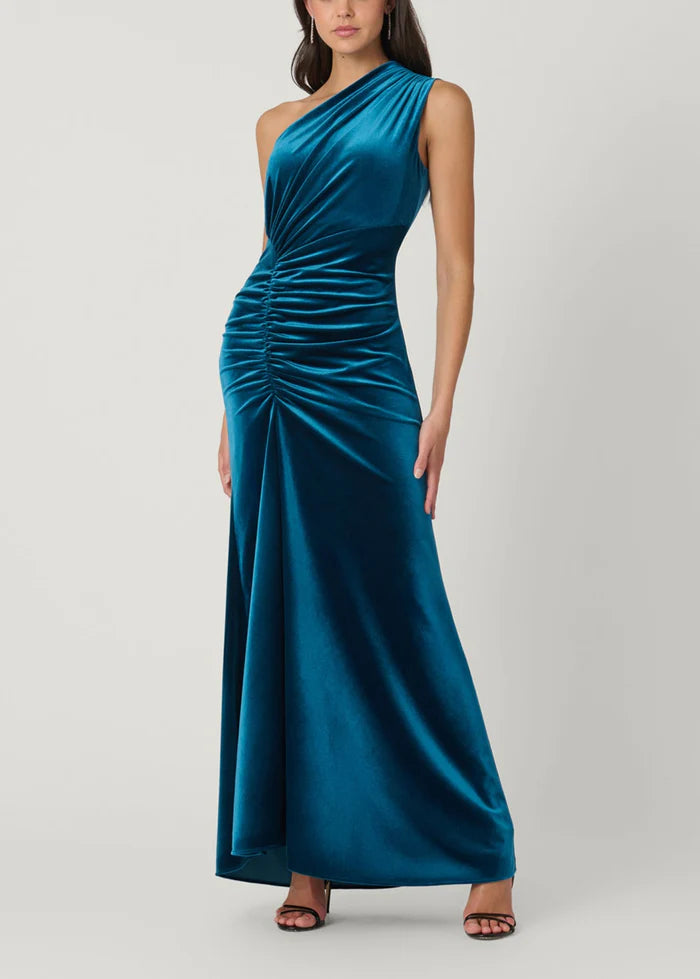 Elegant one-shoulder ruched A-line prom dress.