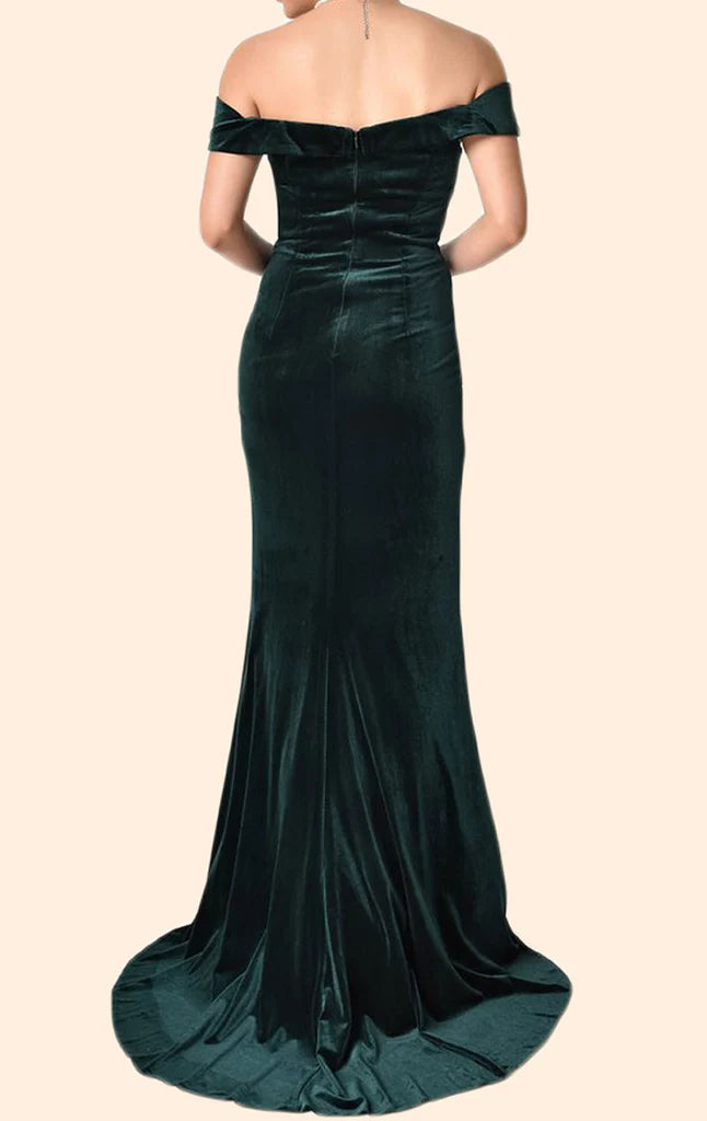 Elegant off-shoulder formal evening gown.