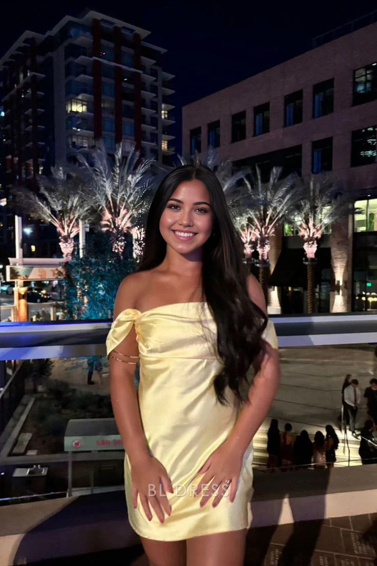 Woman wearing a yellow off-shoulder short sheath formal dress.