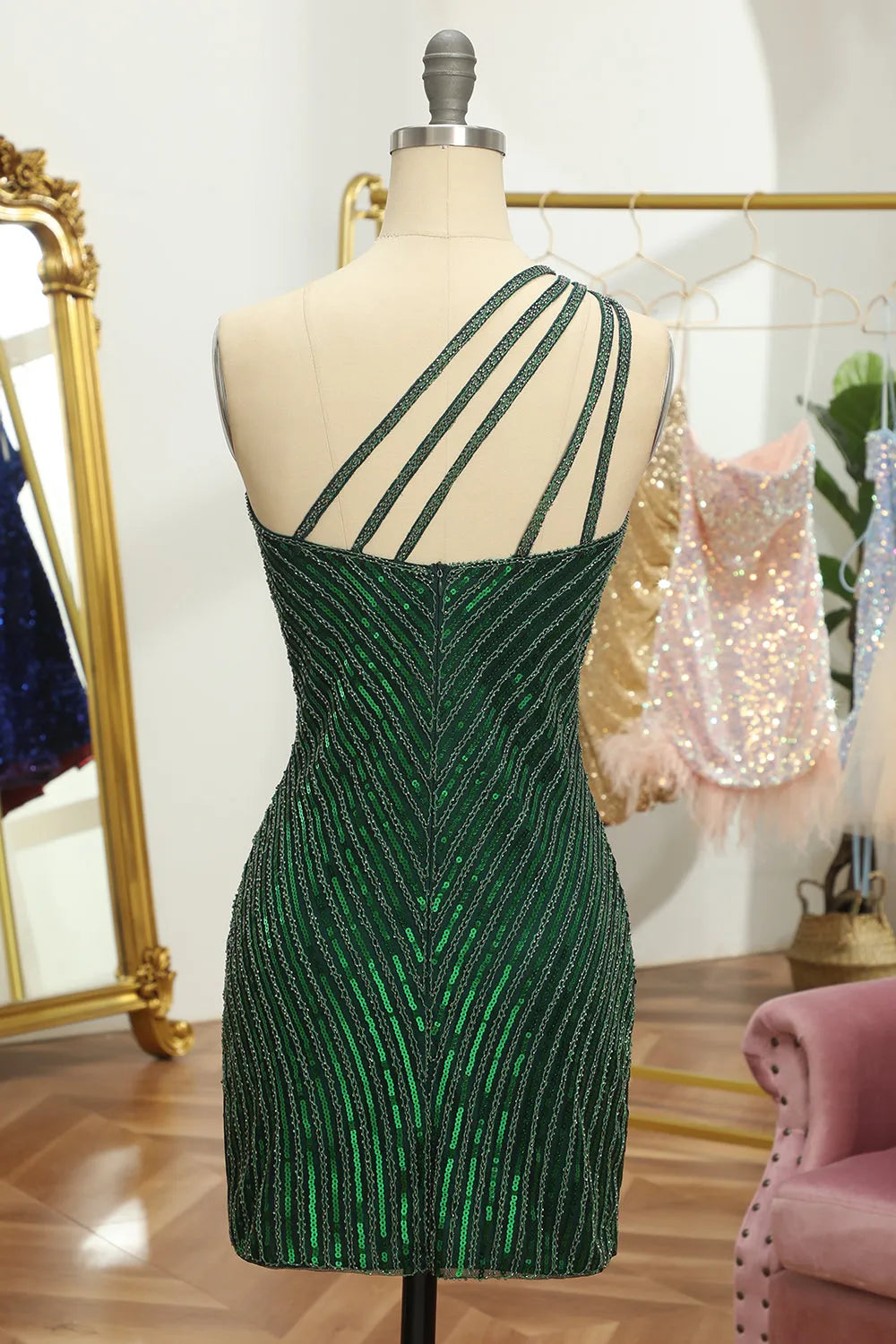 Back view of the short one-shoulder sheath homecoming dress.
