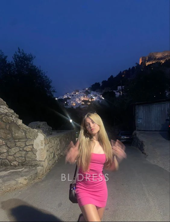 Hot pink sheath mini dress with spaghetti straps.