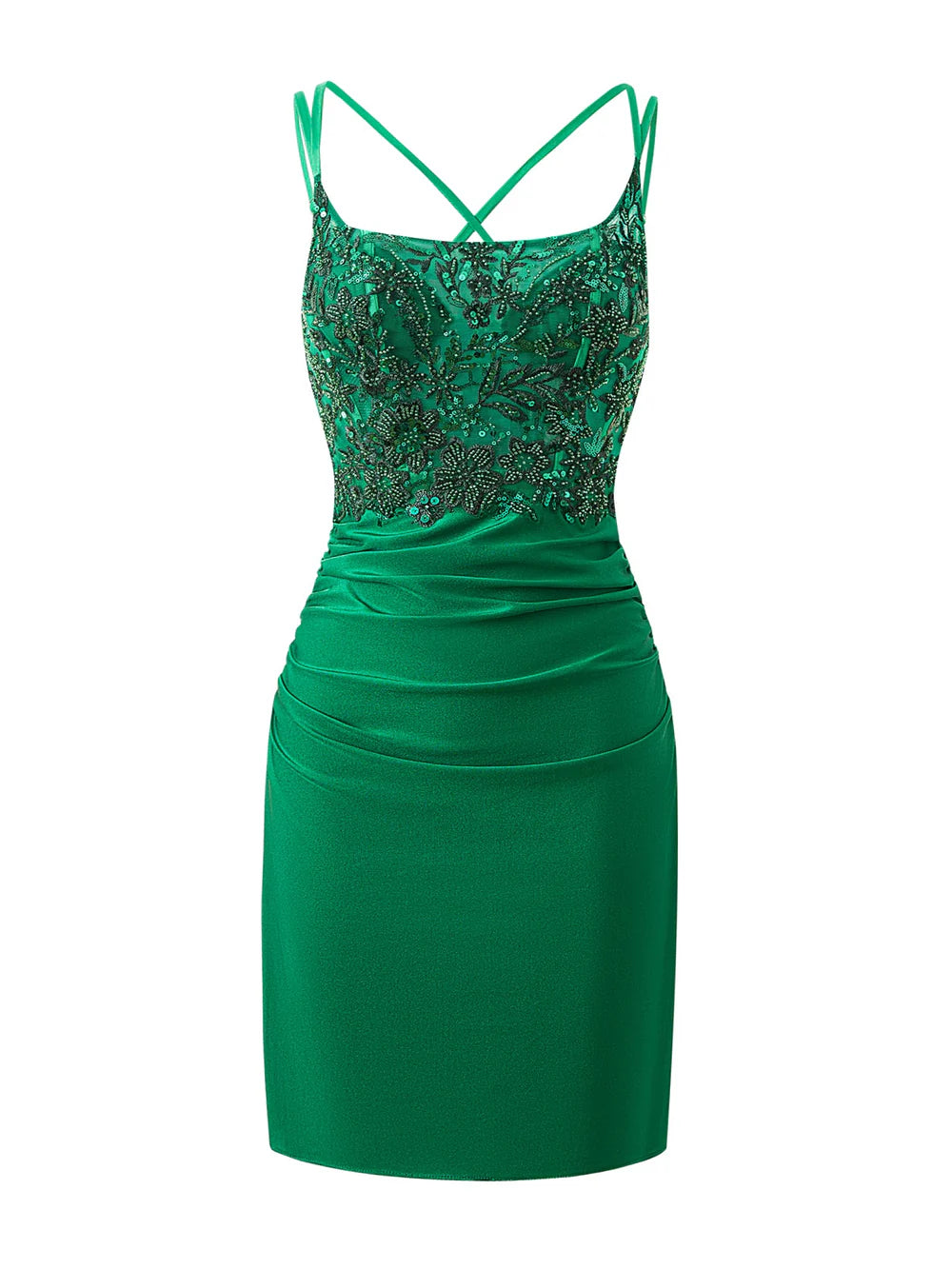 Model wearing a chic sheath spaghetti strap short homecoming dress, front view.