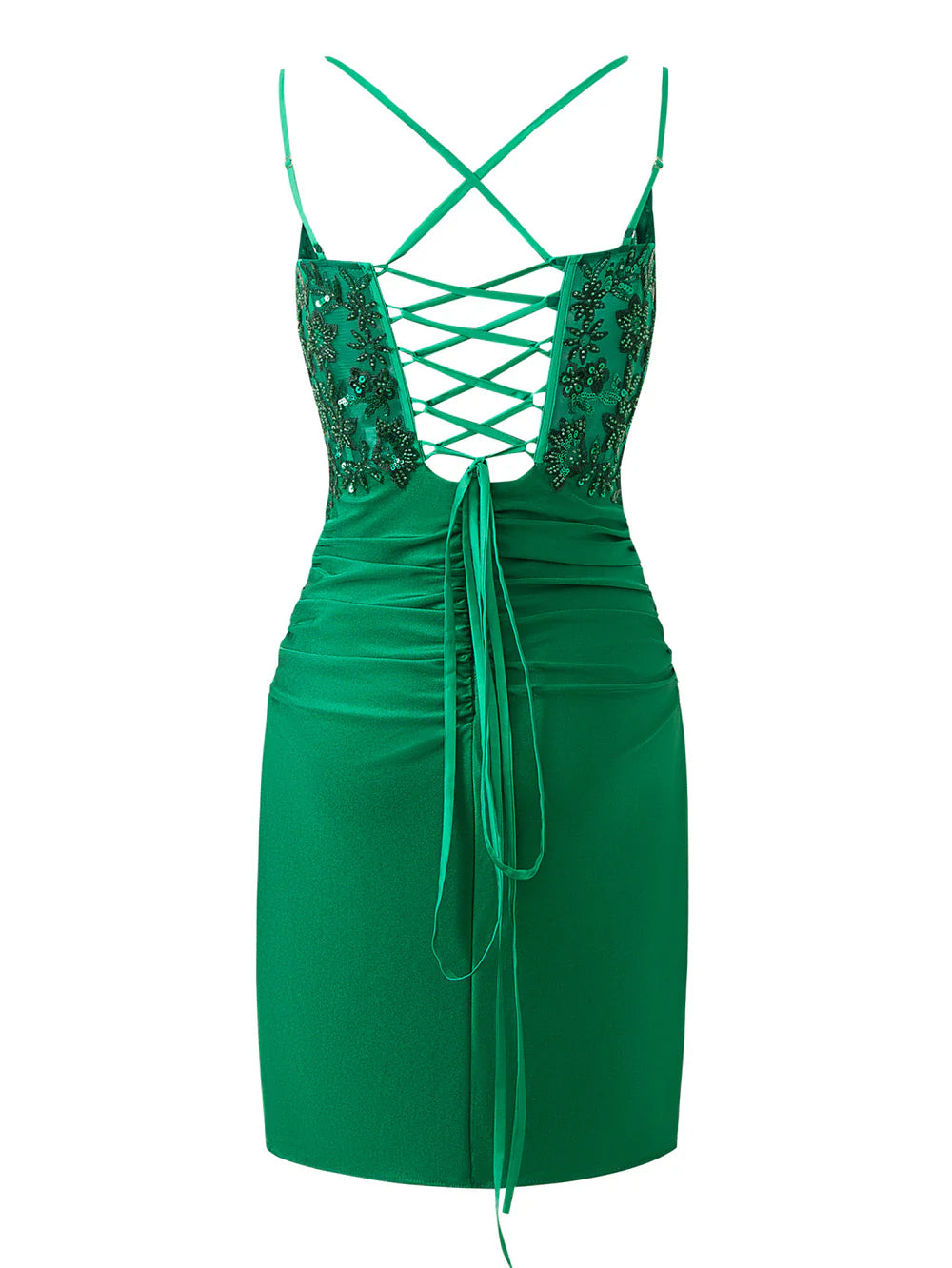 Model wearing a chic sheath spaghetti strap short homecoming dress, side view.
