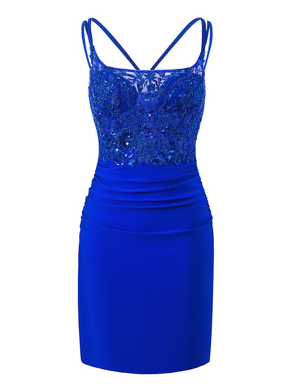 Model wearing a chic sheath spaghetti strap short homecoming dress, back view.