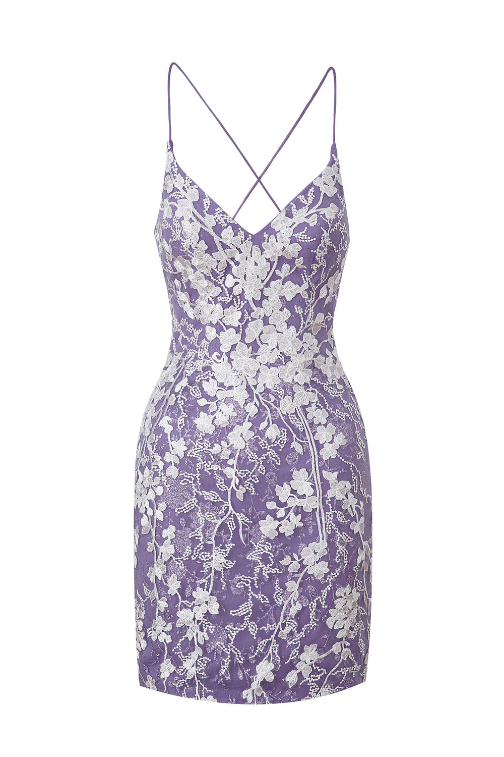 Model wearing a chic sheath lace short homecoming dress with spaghetti straps.