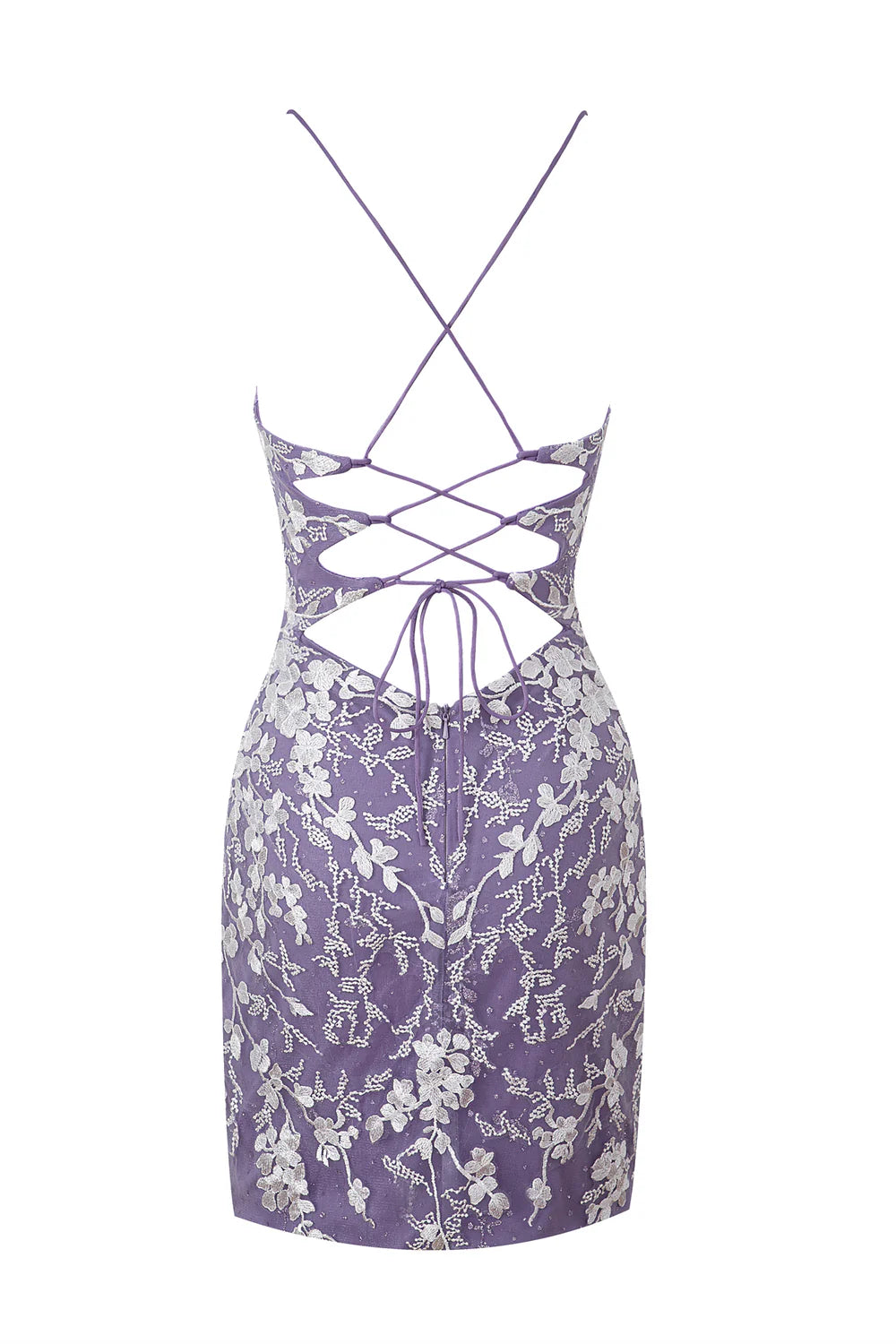 Back view of the sheath lace short homecoming dress, highlighting delicate lace details.
