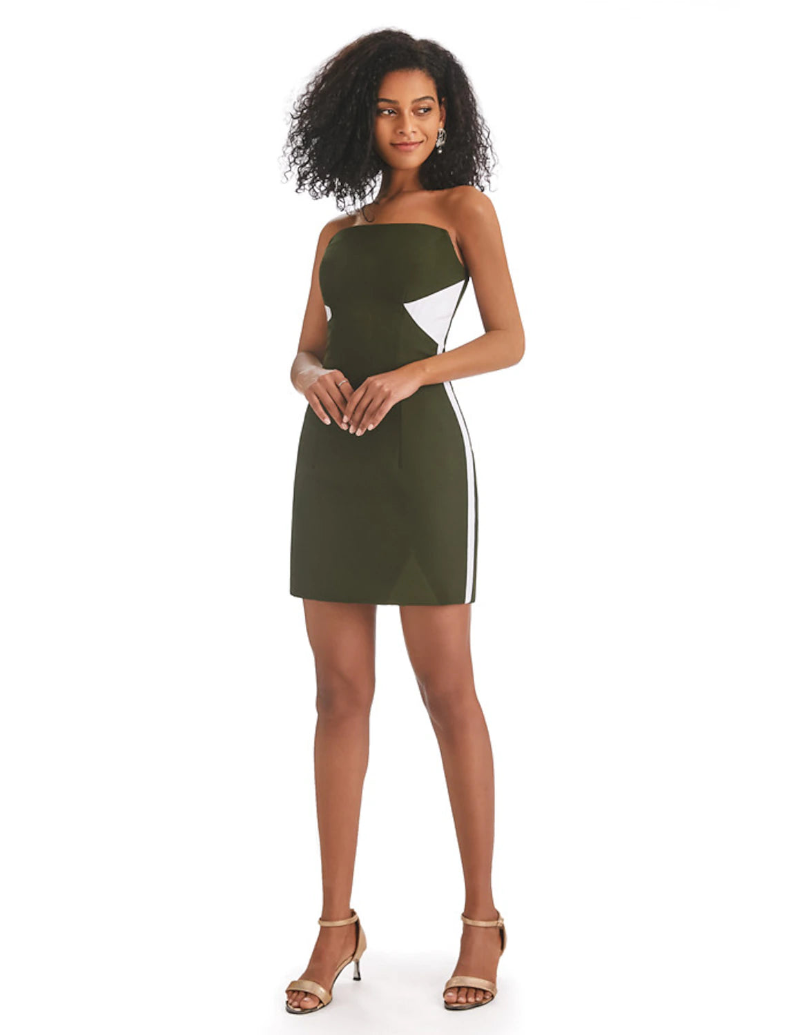 Strapless color block sheath dress with fringe details.