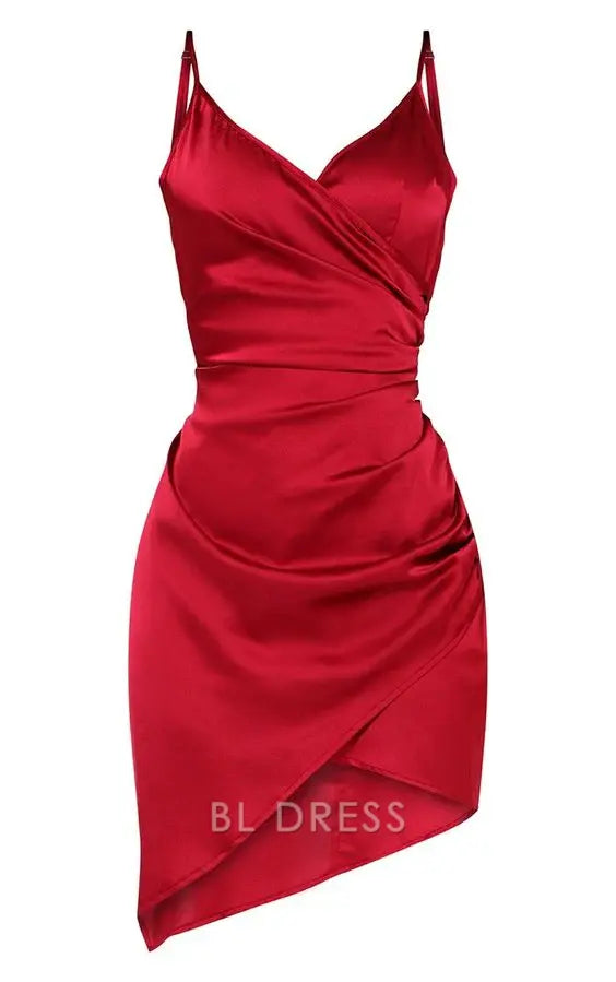 Woman wearing a chic short satin sheath dress with spaghetti straps and V-neck.