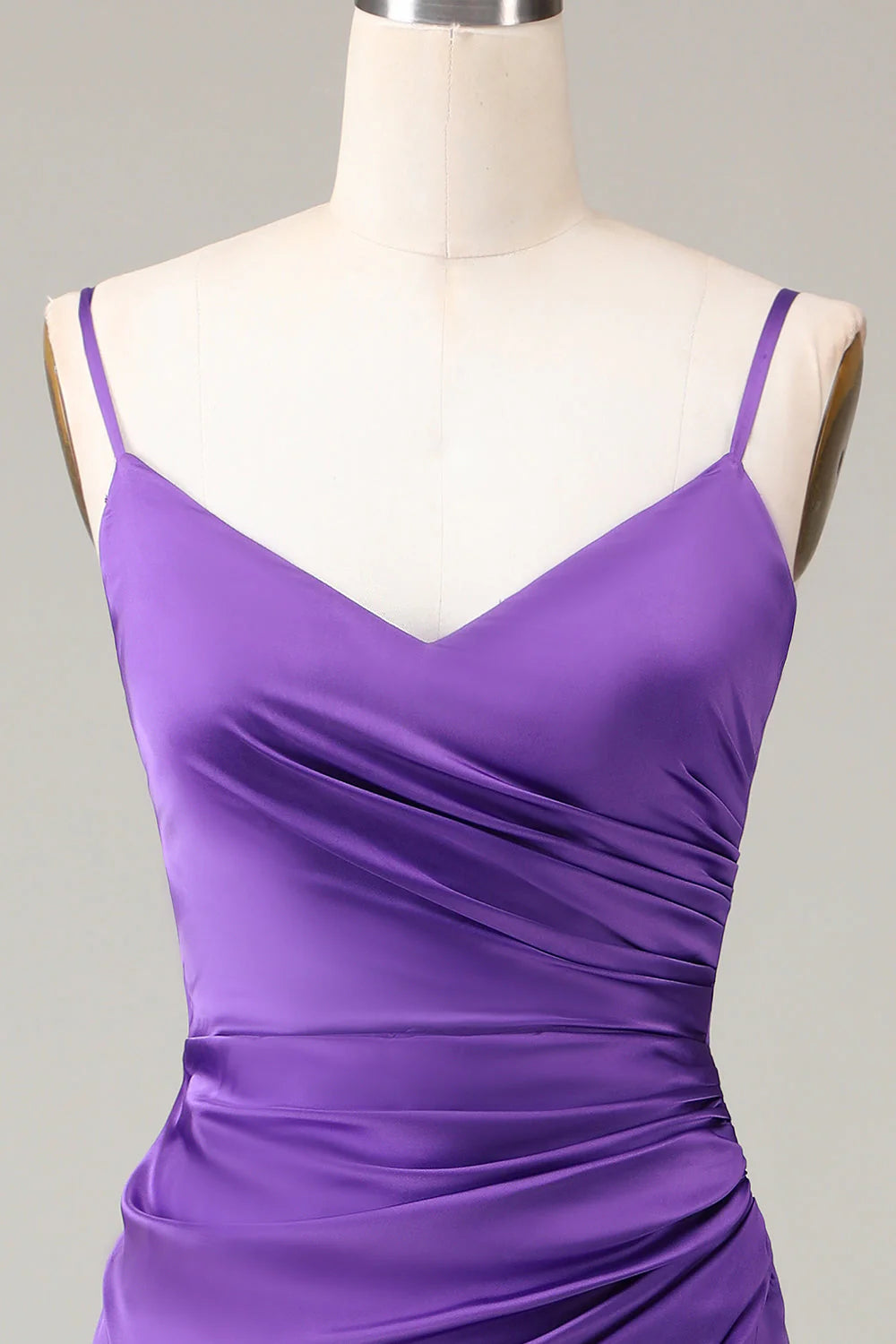 Back view of the elegant satin bridesmaid gown with spaghetti straps.