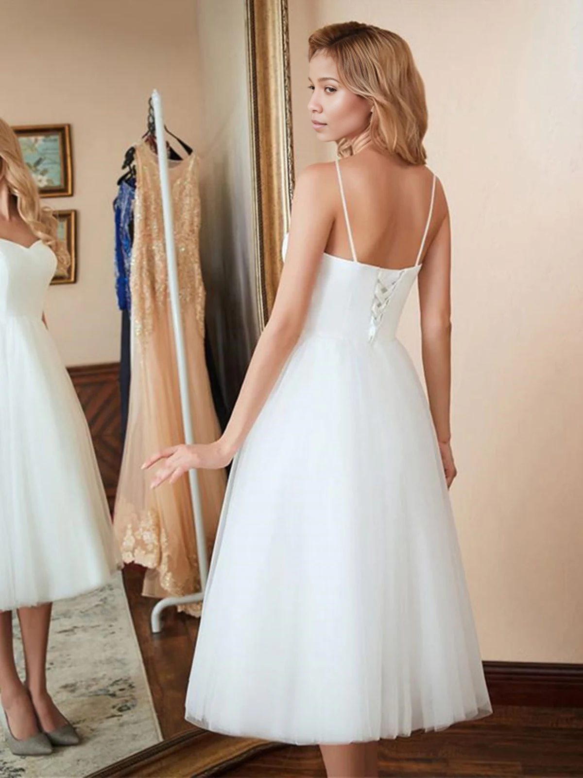 Side view of an A-line sweetheart tulle tea length wedding dress.