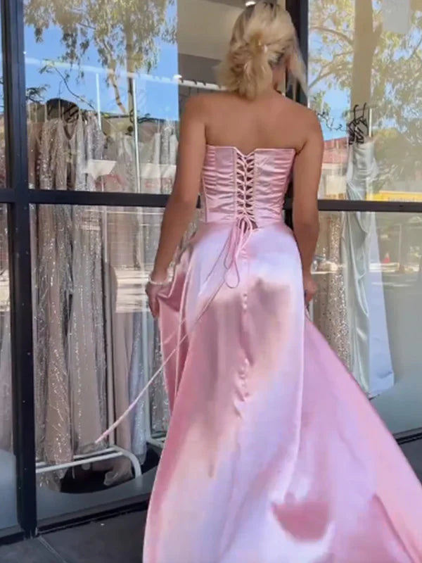 Elegant A-line satin formal dress with a strapless sweetheart neckline.