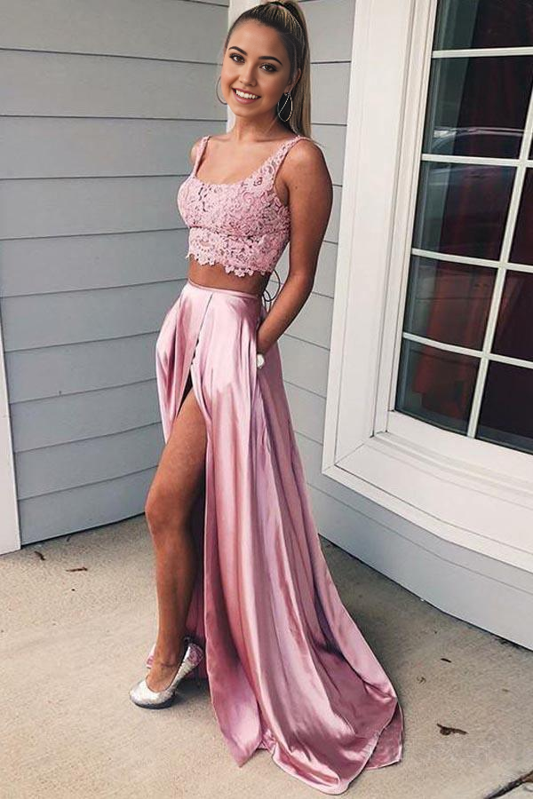 Elegant two-piece A-line lace prom dress in candy pink.