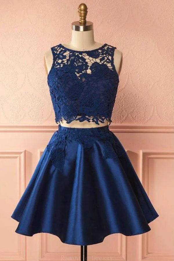 Model wearing a chic two-piece lace short A-line prom dress with a V-neck.