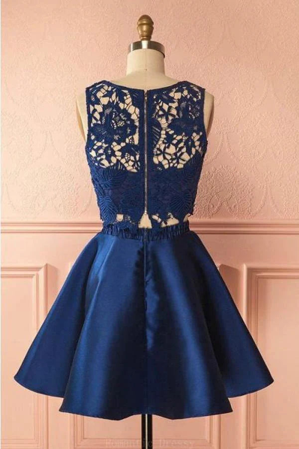 Back view of the two-piece lace short homecoming dress, highlighting the delicate lace.