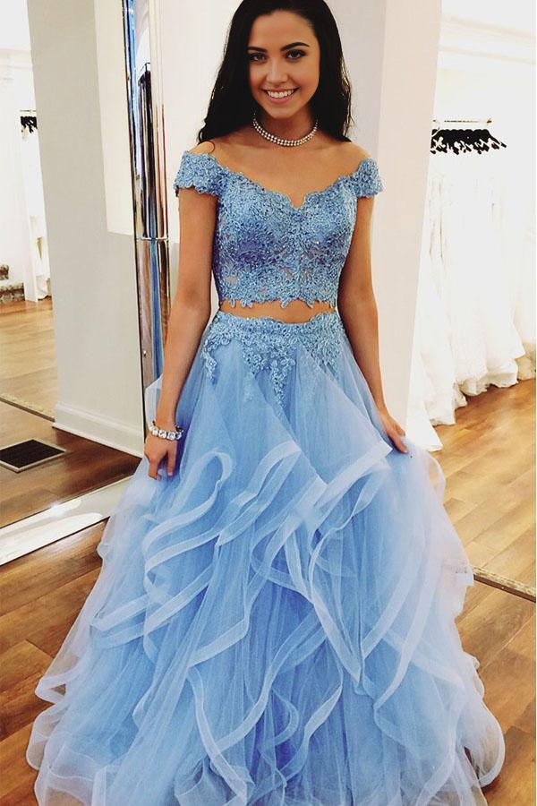 Light blue two-piece off-shoulder short sleeve lace prom dress.