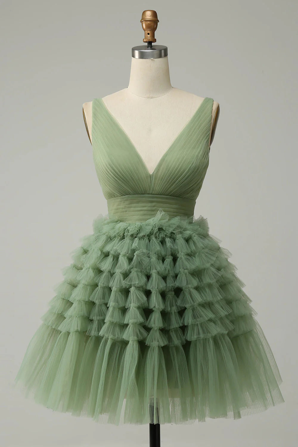 Green tulle V-neck short prom dress, front view.