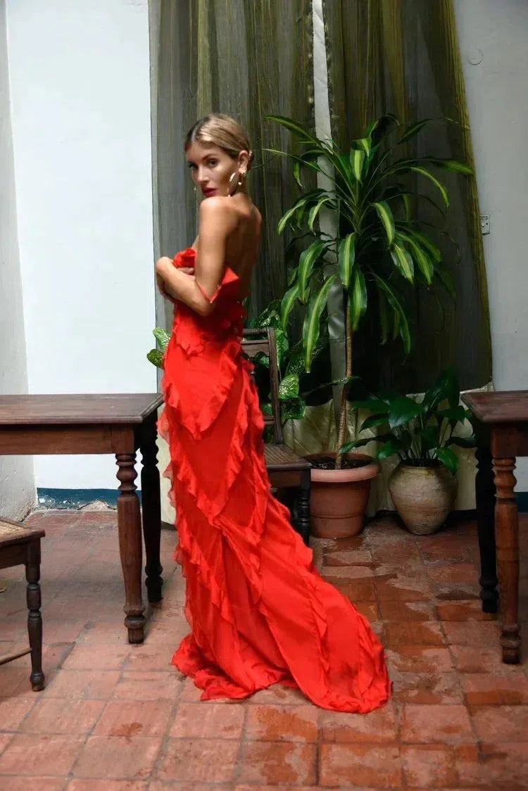 Full-length view of the elegant ruffled A-line prom dress.