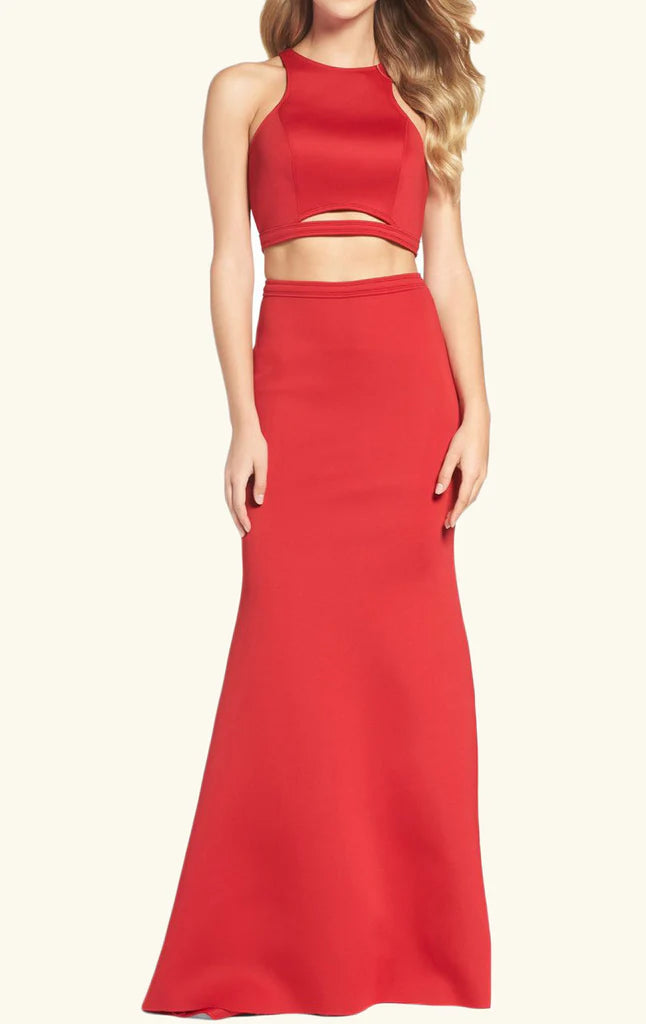 Model wearing an elegant two-piece V-neck mermaid long prom dress.