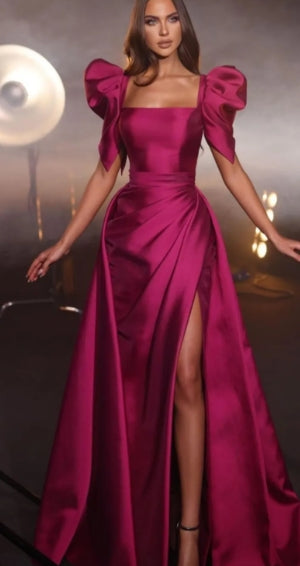 Elegant vintage square neck prom dress with draped bodice and a high slit.