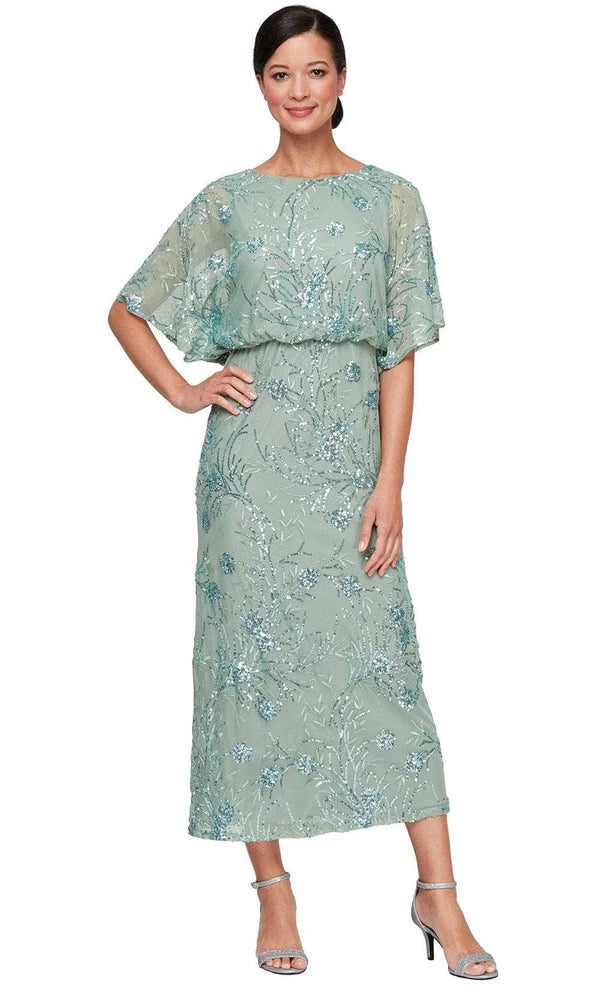 Chic Blouson Style Dolman Sleeve Floral Beaded Midi Prom Dress in Sage for Formal Events