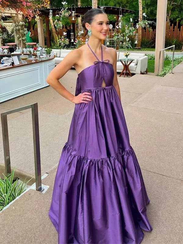 Chic Halter Neck Tie Back Keyhole Cutout Tiered Ruffle Satin A-Line Maxi Prom Dress with Bow