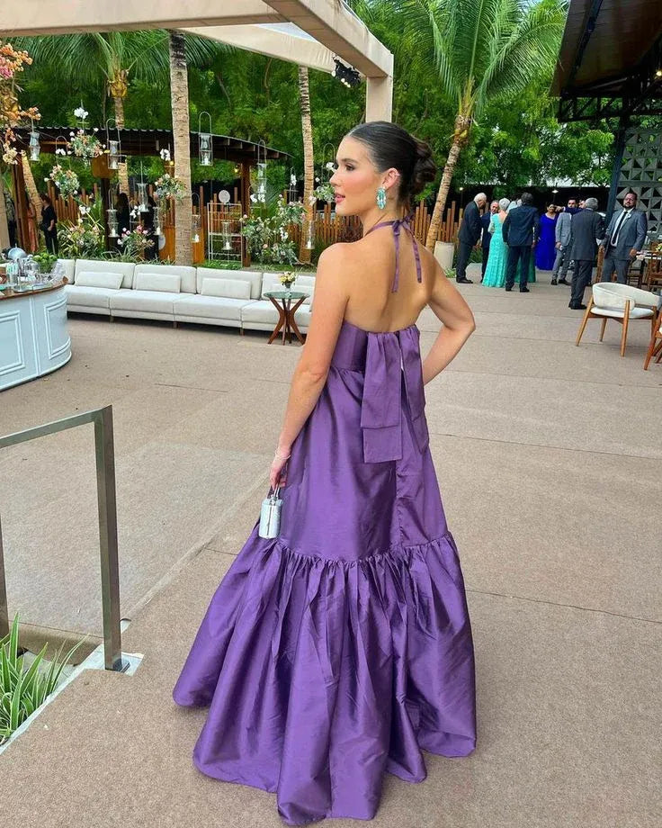 Chic Halter Neck Tie Back Keyhole Cutout Tiered Ruffle Satin A-Line Maxi Prom Dress with Bow