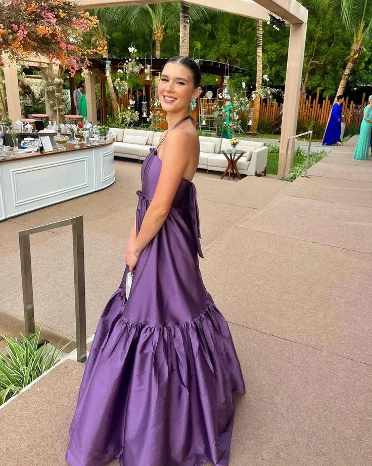 Chic Halter Neck Tie Back Keyhole Cutout Tiered Ruffle Satin A-Line Maxi Prom Dress with Bow