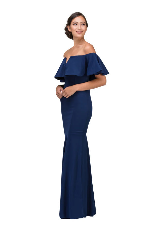 Chic Mermaid Off-the-Shoulder Ruffle Top Crepe Long Prom Dress for Formal Events