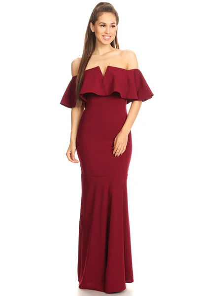 Chic Mermaid Off-the-Shoulder Ruffle Top Crepe Long Prom Dress for Formal Events