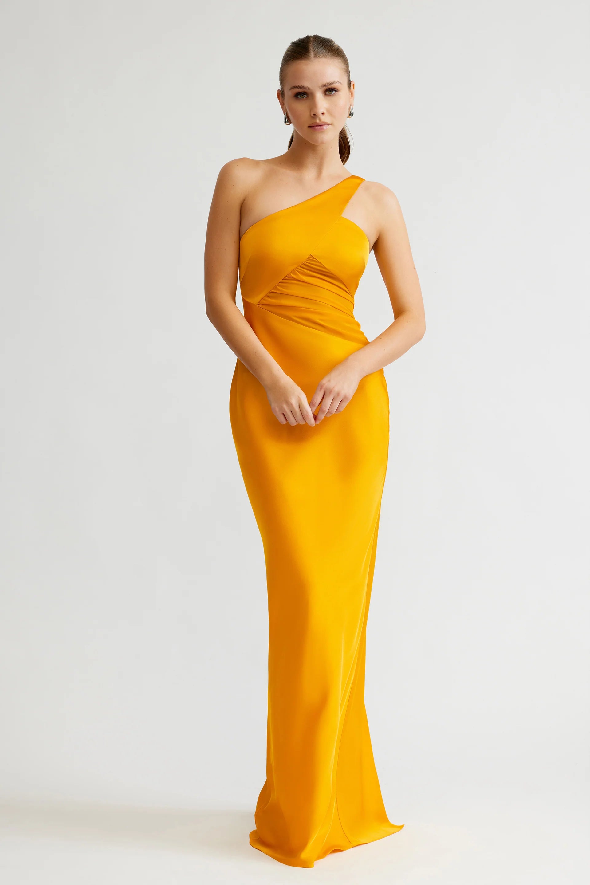 Chic Mermaid One Shoulder Ruched Satin High Slit Long Prom Dress in Yellow for Formal Events