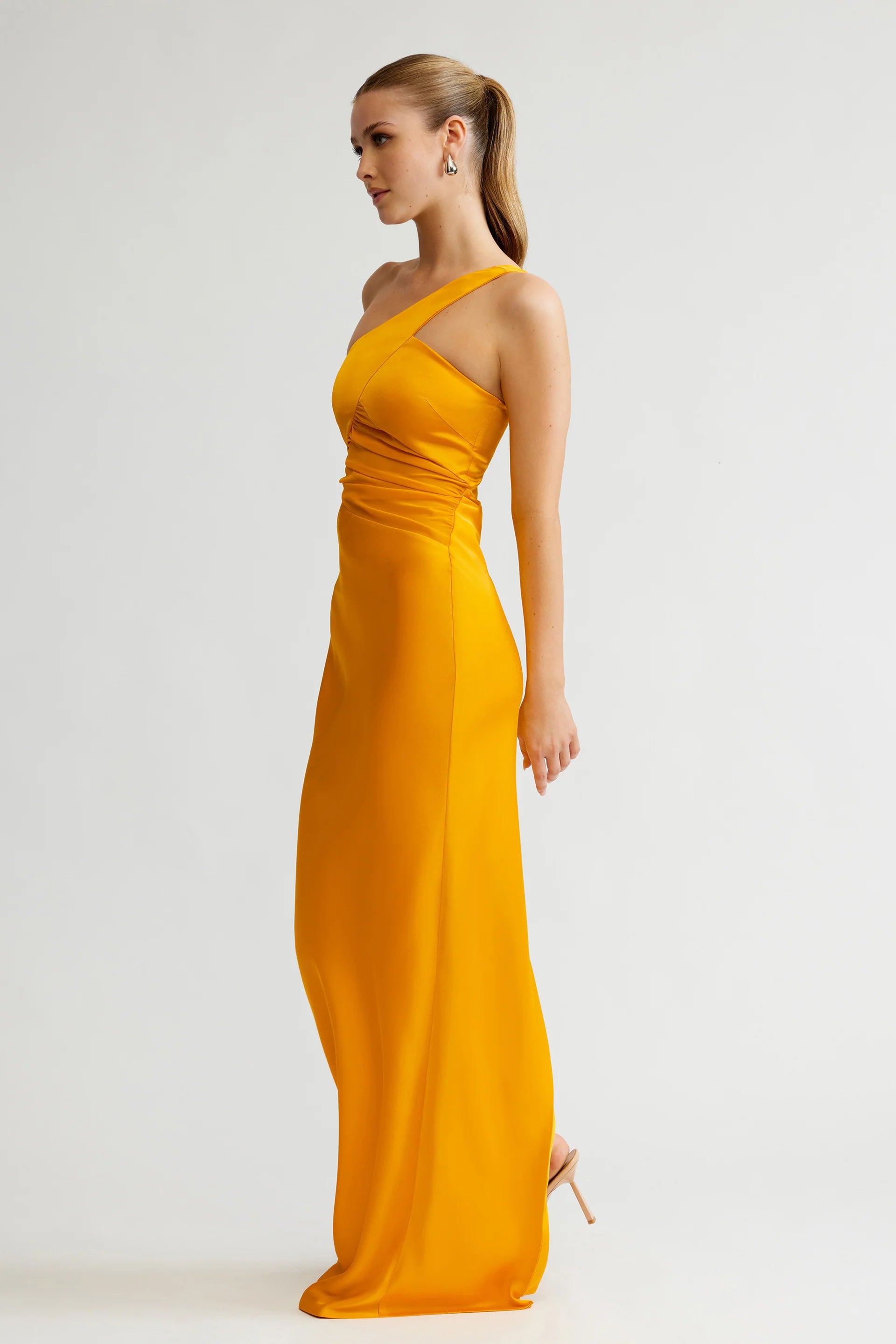 Chic Mermaid One Shoulder Ruched Satin High Slit Long Prom Dress in Yellow for Formal Events
