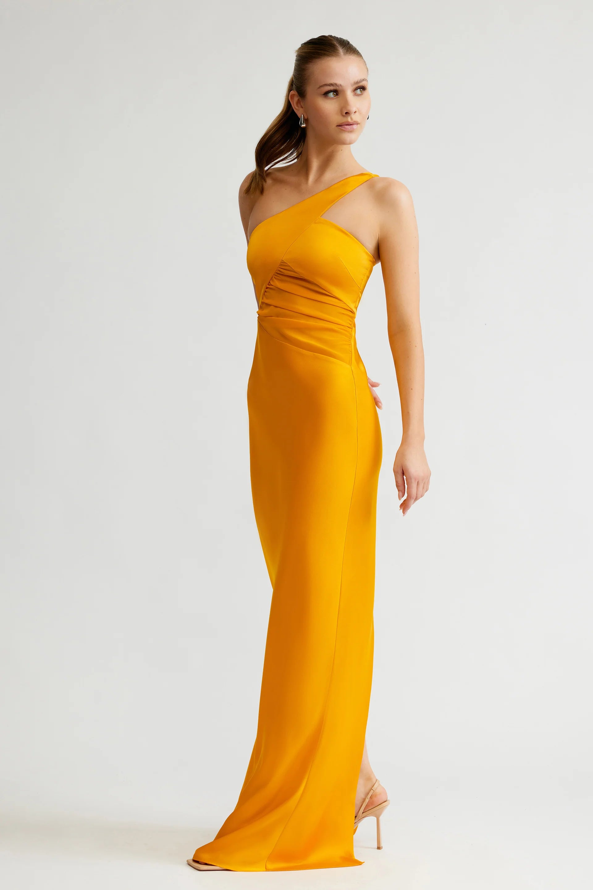 Chic Mermaid One Shoulder Ruched Satin High Slit Long Prom Dress in Yellow for Formal Events