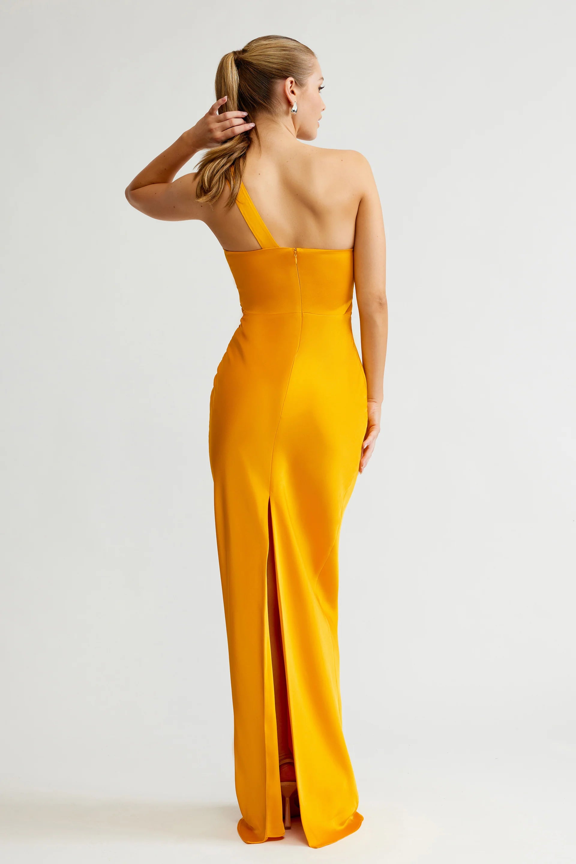 Chic Mermaid One Shoulder Ruched Satin High Slit Long Prom Dress in Yellow for Formal Events