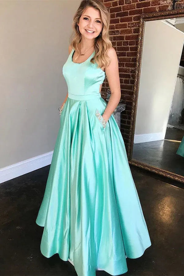 Chic Sleeveless Scoop Neck Open Back Beaded Pocket Satin A-Line Maxi Prom Dress with Buttons