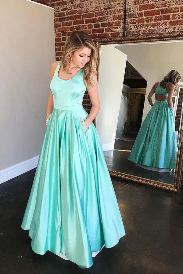Chic Sleeveless Scoop Neck Open Back Beaded Pocket Satin A-Line Maxi Prom Dress with Buttons