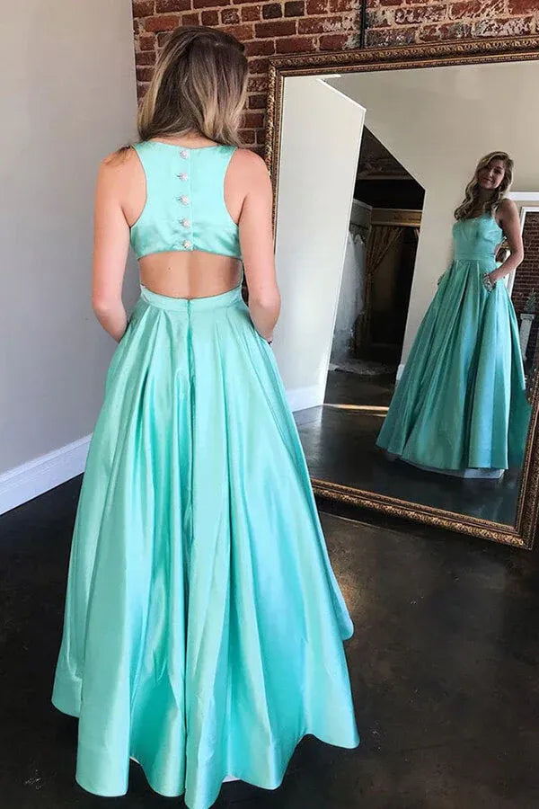 Chic Sleeveless Scoop Neck Open Back Beaded Pocket Satin A-Line Maxi Prom Dress with Buttons