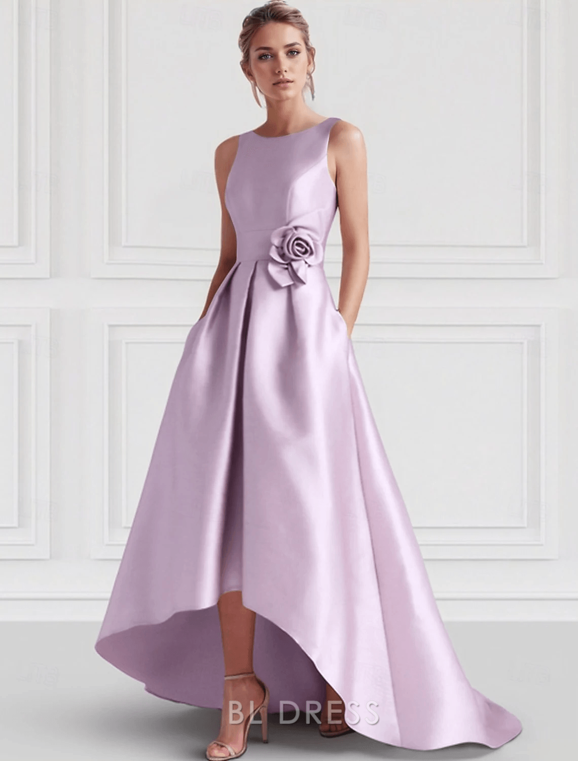Chic A-Line Boat Neck Sleeveless Floral High-Low Lavender Evening Gown