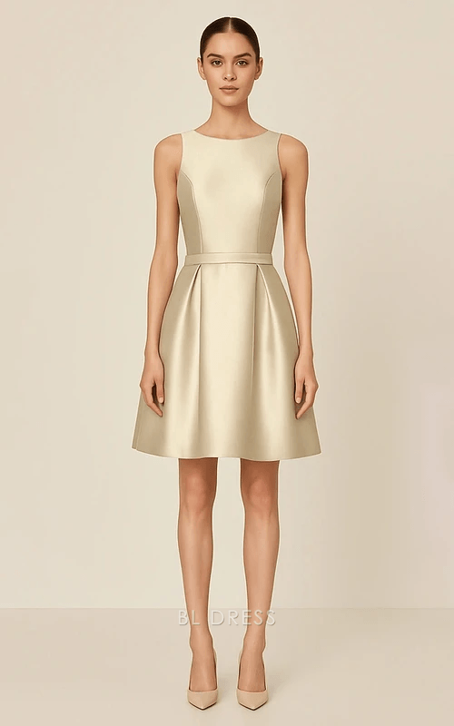 Chic A-Line Boat Neck Sleeveless Pleated Lace Champagne Short Homecoming Dress