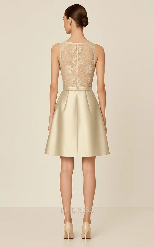 Chic A-Line Boat Neck Sleeveless Pleated Lace Champagne Short Homecoming Dress