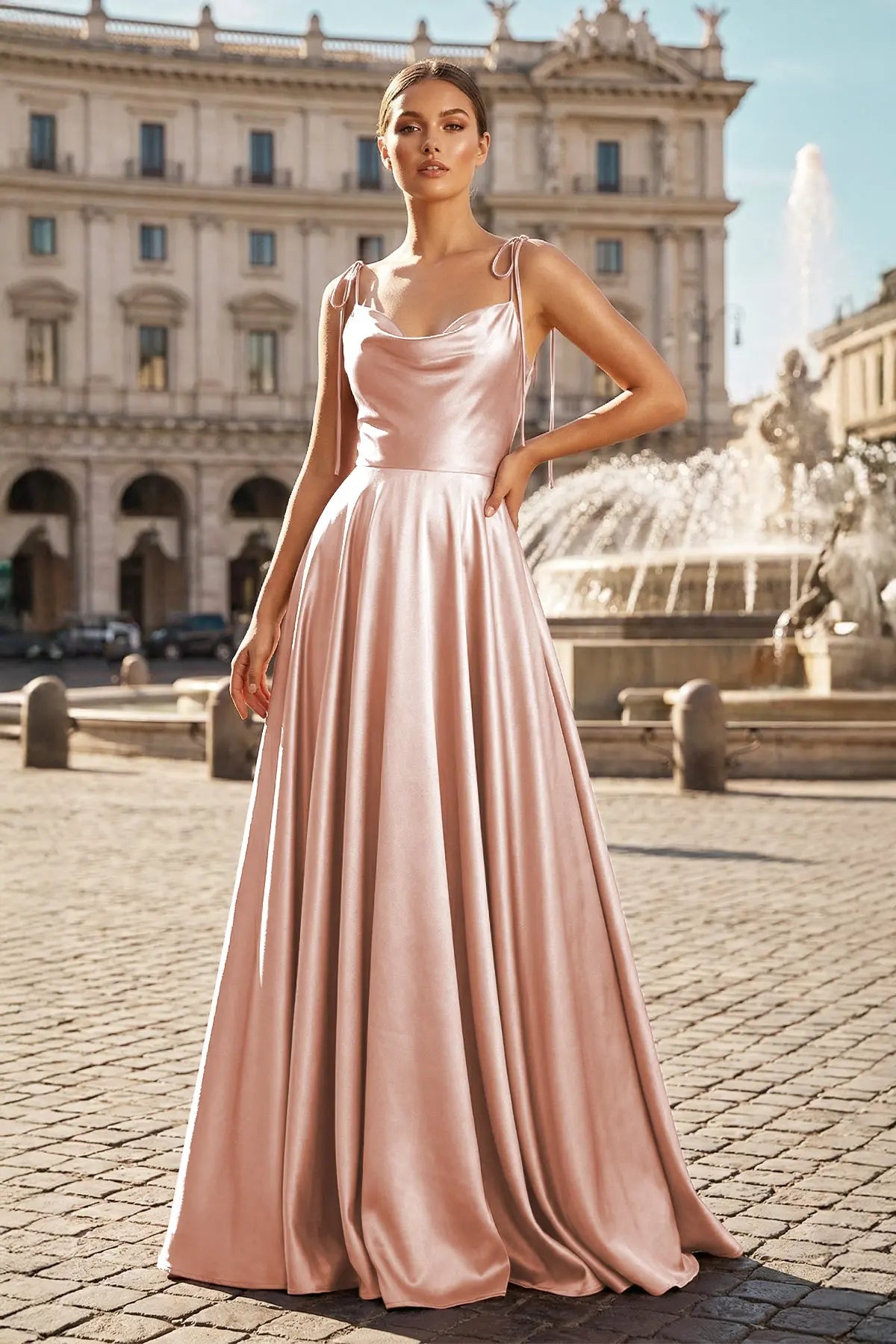 Chic A-Line Cowl-Neck Sleeveless Backless Tie-Strap Pink Maxi Prom-Dresses Women Gown