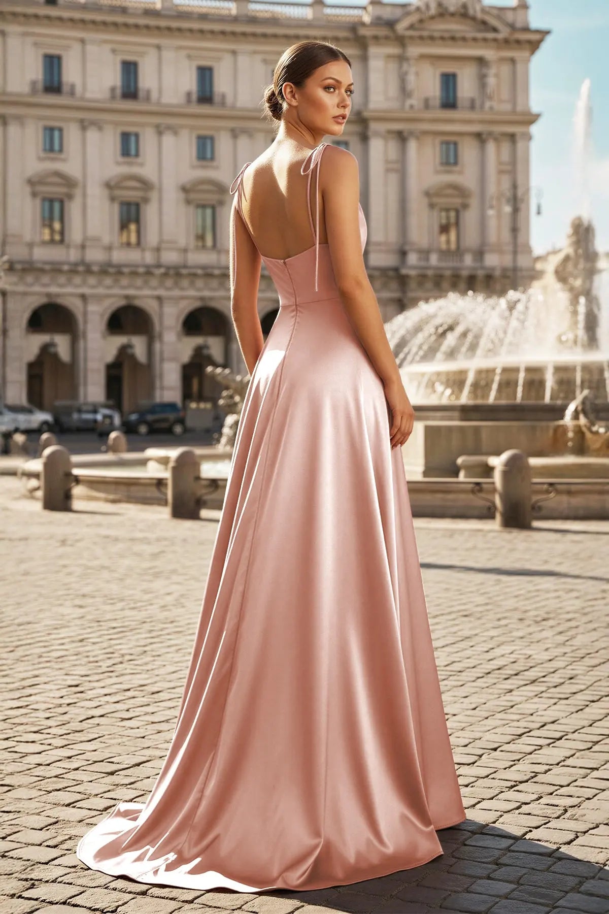 Chic A-Line Cowl-Neck Sleeveless Backless Tie-Strap Pink Maxi Prom-Dresses Women Gown