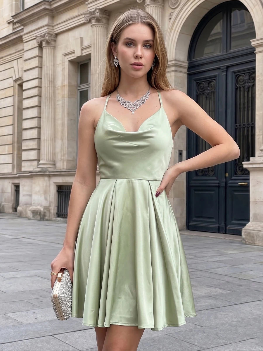 Chic A-Line Cowl Neck Sleeveless Backless Sage Green Short Homecoming Dress