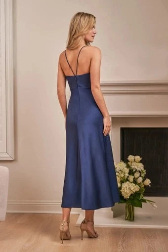 Chic A-Line Draped Sweetheart Sleeveless Strappy Navy Midi Prom Dress Women's