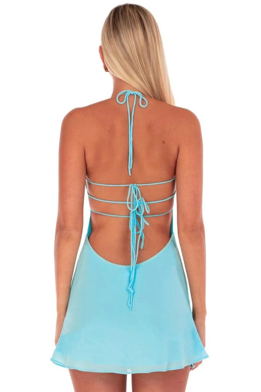 Chic A-Line Halter Sleeveless Beaded Backless Blue Mini Homecoming Dresses Partywear