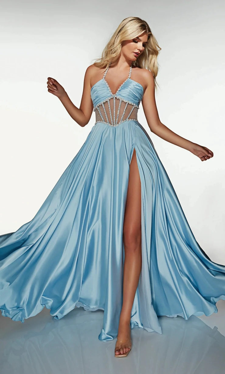 Chic A-Line Halter Sleeveless Corset Slit Blue Long Prom Dresses Women