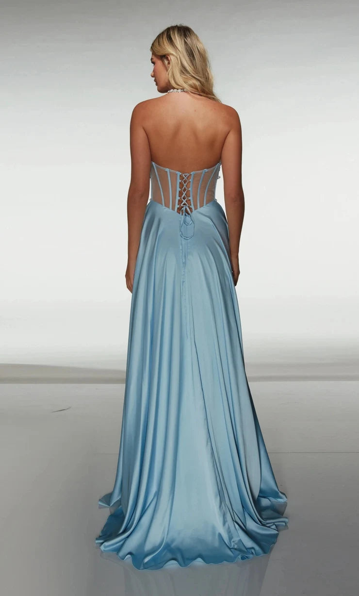 Chic A-Line Halter Sleeveless Corset Slit Blue Long Prom Dresses Women